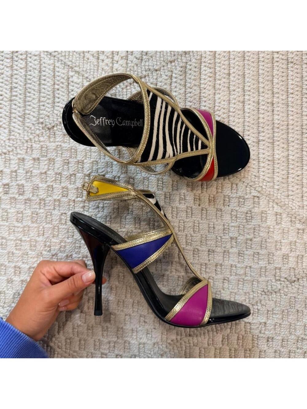 Jeffrey Campbell Kaleido-F T-Strap High Heel Dress Sandals in Gold Zebra Multi